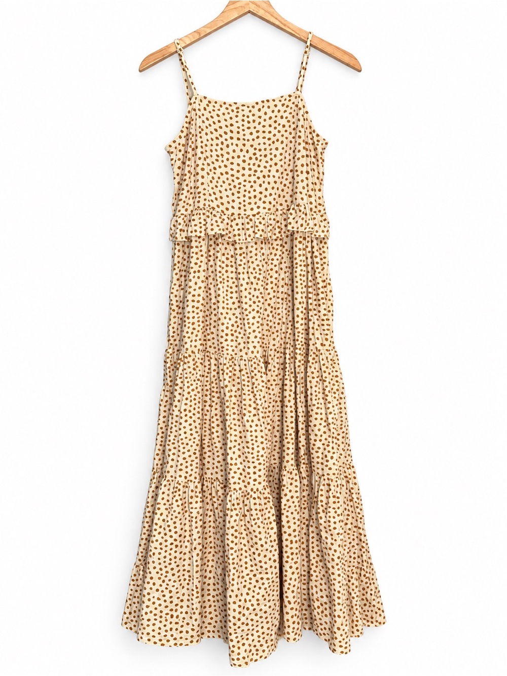 Rylee + Cru Cream Brown/Gold Spotted Linen Blend Tiered Maxi Dress Size M